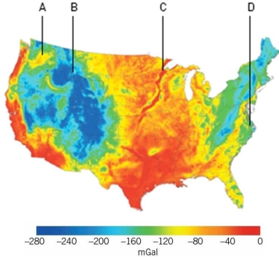 <strong> Which of the following is a negative gravity anomaly on this map?</strong> A)Location A B)Location B C)Location C D)Location D