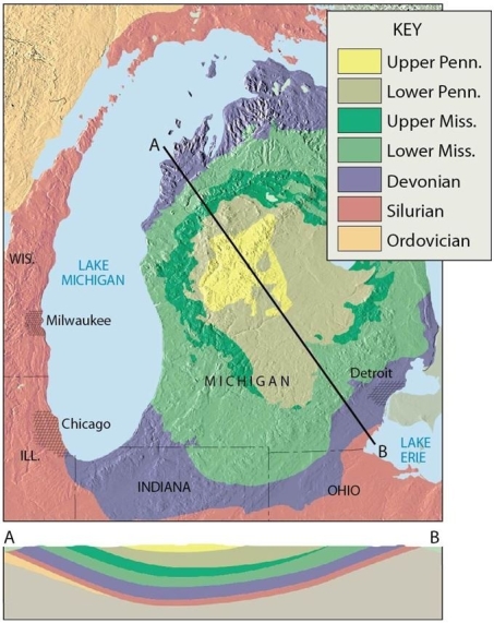 <strong> What kind of geologic structure is present?</strong> A)Syncline B)Basin C)Anticline D)Dome