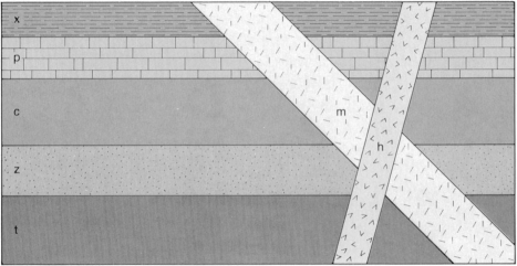 Examine the geologic cross section below.   (a) Which feature is the youngest? ______________________________ (b) Which feature is the oldest? ______________________________<div style=padding-top: 35px> 