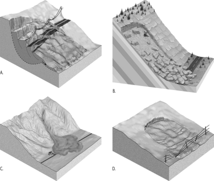 In the diagram below, match the letter of each illustration to the correct form of mass wasting. a) debris flow b) slump c) earthflow d) rockslide