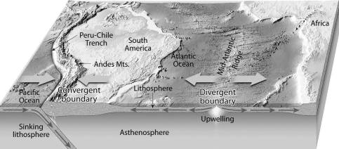 What is the relationship of the dense oceanic crust that is produced at a divergent plate boundary to the convergence or collision of an oceanic plate and a continental plate, such as the western margin of South America in the diagram below?