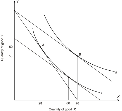 The following figure shows a portion of a consumer's indifference map and budget lines.The price of good Y is $7 and the consumer's income is $700.Let the consumer begin in utility-maximizing equilibrium at point A on indifference curve I.Next the price of good X changes so that the consumer moves to a new utility-maximizing equilibrium at point B on indifference curve II.Good X is a(an)___________ good and thus cannot be a _________ good.