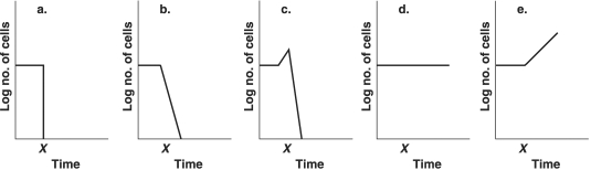 <strong>Figure 7.3 Assume 109 E. coli cells/ml are in a flask. Which graph in Figure 7.3 best depicts the effect of placing the culture at 7°C at time x?</strong> A) a B) b C) c D) d E) e