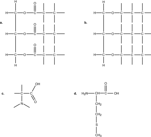 <strong>Figure 2.2 Use Figure 2.2 to answer the following question. Archaea differ from bacteria in the composition of the cell membrane lipids. Archaea have ether- bonded lipids shown in (1)__ Figure 2.2 and bacteria have ester- bonded lipids shown in (2)__ in Figure 2.2.</strong> A) 1- b; 2- a B) 1- a; 2- c C) 1- c; 2- d D) 1- b; 2- c E) None of the above