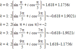 <strong>Use DeMoivre's theorem to find all the solutions of the equation and represent the solutions graphically.(Round your answer to four decimal places.) </strong> A) B) C) D) E)