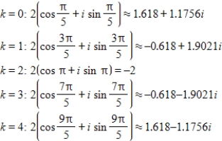 <strong>Use DeMoivre's theorem to find all the solutions of the equation and represent the solutions graphically.(Round your answer to four decimal places.) </strong> A) B) C) D) E)