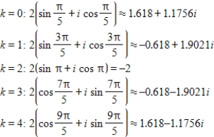 <strong>Use DeMoivre's theorem to find all the solutions of the equation and represent the solutions graphically.(Round your answer to four decimal places.) </strong> A) B) C) D) E)