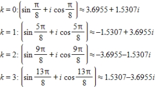 <strong>Use DeMoivre's theorem to find all the solutions of the equation and represent the solutions graphically.(Round your answer to four decimal places.) </strong> A) B) C) D) E)