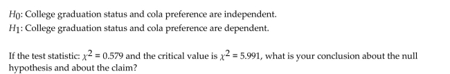 <strong>The following are the hypotheses for a test of the claim that college graduation statue and cola preference are independent. </strong> A) Fail to reject the null hypothesis. There is sufficient evidence to warrant rejection of the claim that college graduation status and cola preference are independent. B) Reject the null hypothesis. There is sufficient evidence to warrant rejection of the claim that college graduation status and cola preference are independent. C) Reject the null hypothesis. There is not sufficient evidence to warrant rejection of the claim that college graduation status and cola preference are independent. D) Fail to reject the null hypothesis. There is not sufficient evidence to warrant rejection of the claim that college graduation status and cola preference are independent.