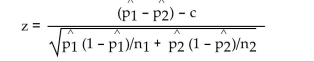 Solve the problem. To test the null hypothesis that the difference between two population proportions is equal to a nonzero constant c, use the test statistic