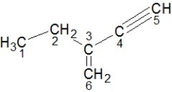 <strong>Identify the hybridization of carbon atoms numbered 1-6 in the structure below:  </strong> A) Carbons 1 and 2 are sp<sup>3</sup>, carbons 3 and 6 are sp<sup>2</sup>, carbons 4 and 5 are sp hybridized. B) Carbons 1 and 3 are sp<sup>3</sup>, carbons 2 and 5 are sp<sup>2</sup>, carbons 4 and 6 are sp hybridized. C) Carbons 2 and 3 are sp<sup>3</sup>, carbons 4 and 5 are sp<sup>2</sup>, carbons 1 and 6 are sp hybridized. D) Carbons 4 and 5 are sp<sup>3</sup>, carbons 3 and 6 are sp<sup>2</sup>, carbons 1 and 2 are sp hybridized. E) Carbons 3 and 6 are sp<sup>3</sup>, carbons 4 and 5 are sp<sup>2</sup>, carbons 1 and 2 are sp hybridized. <div style=padding-top: 35px> 
