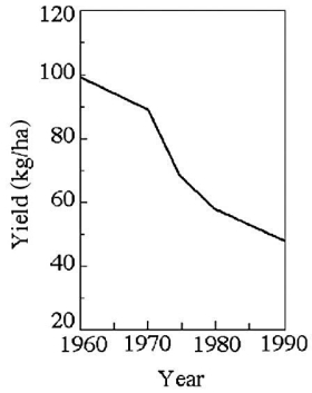 In west Texas,cotton has become an important crop in the last several decades.However,in this hot,dry part of the country there is little rainfall,so farmers irrigate their cotton fields.They must also regularly fertilize the cotton fields because the soil is very sandy.Figure 29.1 shows the record of annual productivity (measured in kilograms of cotton per hectare of land)since 1960 in a west Texas cotton field.Use these data to answer the following question(s). Figure 29.1 -Based on the information provided in Figure 29.1,what is the most likely cause of the decline in productivity?