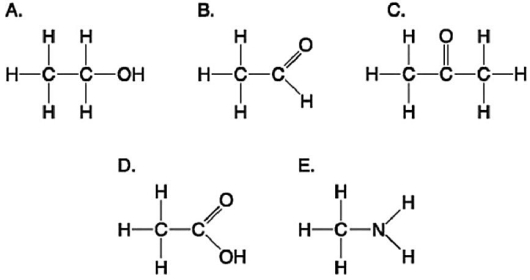Figure 3.5 -Which molecule shown in Figure 3.5 can increase the concentration of hydrogen ions in a solution and is therefore an organic acid?
