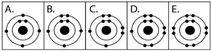  Figure 2.3 -Which drawing in Figure 2.3 depicts the electron configuration of an element with chemical properties most similar to those of helium (<sub>2</sub>He)?