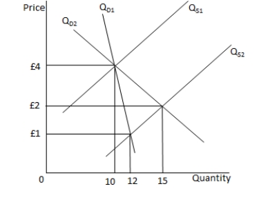 <strong>In the following graph, Q<sub>S1</sub> and Q<sub>S2</sub> represent the supply curves and Q<sub>D1</sub> and Q<sub>D2</sub> represent the demand curves. Refer to the graph to answer the question: Which of the following statements is true?</strong> A) The demand curve Q<sub>D1</sub> is more elastic than the demand curve Q<sub>D2</sub>. B) The supply curve Q<sub>S1</sub> is less elastic than the supply curve Q<sub>S2</sub>. C) An increase in supply will lead to a relatively smaller change in output along Q<sub>D1</sub>. D) A decrease in supply from Q<sub>S2</sub> to Q<sub>S1</sub> will lead to a fall in the market price.