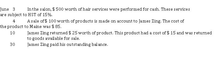 Maine Event is a new salon located in Saint John, New Brunswick. The following information relates to transactions that took place in June. Maine Event uses a perpetual inventory system and uses the earnings approach for revenue recognition. Instructions Prepare the journal entries to record these transactions. Do not round amounts.