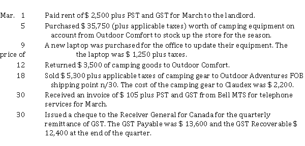 Claudex Camping Store uses a periodic inventory system and is located in Winnipeg, Manitoba where the PST rate is 8%. Claudex uses the earnings approach for revenue recognition. The following transactions took place in March: Instructions Prepare the journal entries for the month of July. Do not round amounts.