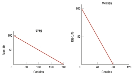 (Figure: Biscuits and Cookies PPFs) Looking at Greg and Melissa's production possibilities frontiers (PPFs), what production and trade situation would allow both Greg and Melissa to consume a combination of biscuits and cookies outside their PPF?