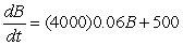 <strong>A bank account initially containing $4000 earns interest at a continuous rate of 6% per year. Deposits are made into the account at a constant rate of $500 per year. Which is the differential equation for the balance, B, in the account as a function of time, t, in years?</strong> A)   B)   C)   D)   <div style=padding-top: 35px> 