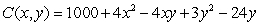 A company's cost function to produce x units of one product and y units of a second product is given by . The minimum cost occurs when x = _____ and y = _____.