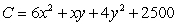 A company manufactures x units of one item and y units of another. The total cost, C, in dollars of producing these two items is given by the function . Use Lagrange multipliers to find the minimum cost subject to the constraint that 100 items (total) must be produced. The minimum cost occurs when x = _____ and y = _____. Round your answers to the nearest whole number.