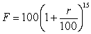 If $100 is invested at r % interest per year, compounded yearly, then the yield after 15 years is given by . Find .