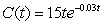 A drug's concentration is modeled by with C in mg/ml and t in minutes. Is C'(t) positive or negative when t = 35 ? Find and interpret C'(35) in terms of drug concentration
