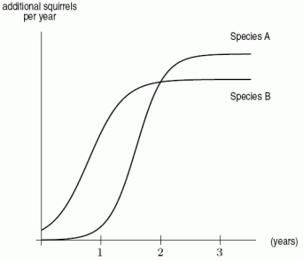 <strong>Equal numbers of two different species of ground squirrels are introduced into an area at time t = 0, with t in years. They have the growth rates shown in the following figure. Which species will have a larger population after 13 years? </strong> A)Species A B)Species B
