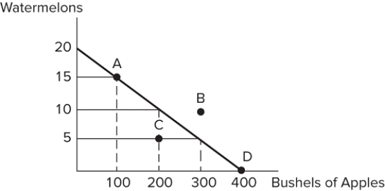 <strong> Consider the production possibilities frontier displayed in the figure shown. If a society with this frontier chooses to produce 200 bushels of apples, it can produce no more than:</strong> A) 20 watermelons. B) 15 watermelons. C) 10 watermelons. D) 5 watermelons.