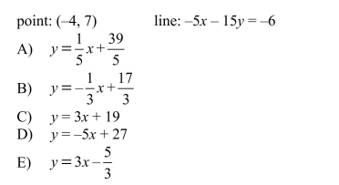 Write the slope-intercept form of the equation of the line through the given point perpendicular to the given line.