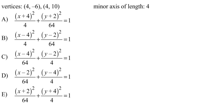 Find the standard form of the equation of the ellipse with the given characteristics.