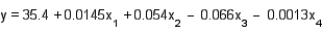 An automobile manufacturer would like to know the gas mileage of a car (y in miles per gallon) based on four predictor variables: = horsepower (ft-lb), = torque (ft-lb), = displacement (cubic inches), and = weight (lbs). Suppose the following equation does indeed describe the true relationship. What is the gas mileage for a car with 160 ft-lbs of horsepower, 250 ft-lbs of torque, 350 cubic inches of displacement, and weighs 3900 pounds? ______________ miles/gallon What is the gas mileage for a car with 210 ft-lbs of horsepower, 330 ft-lbs of torque, 440 cubic inches of displacement, and weighs 4210 pounds? ______________ miles/gallon How would you interpret the value of ? ________________________________________________________ How would you interpret the value of ? ________________________________________________________ How would you interpret the value of ? ________________________________________________________ How would you interpret the value of ? ________________________________________________________