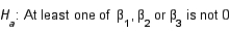 A chemist was interested in examining the effects of three chemicals on a chemical process yield. Let , i = 1, 2, 3, represent the effects of the three chemicals, respectively and y be the process yield. The following output was generated using statistical software. Find the least squares regression equation. = _______ + _______ + _______ + _______ . Test the usefulness of the model at the 0.05 level of significance. The null and alternative hypotheses of interest are: vs. Test statistic: F = ______________ Rejection region: Reject H<sub>0</sub> if F > ______________ Conclude: ______________ ______________ of the predictor variables (one of the three chemicals) is contributing significant information for the prediction of the chemical process yield. Which variable, if any, should be removed from the model if a 0.05 level of significance is desired? ______________