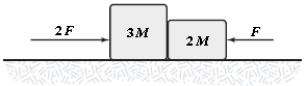 The horizontal surface on which the objects slide is frictionless. If F = 6.0 N and M = 1.0 kg, what is the magnitude of the force exerted on the large block by the small block?