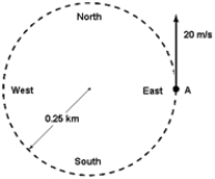 <strong>A car travels counterclockwise around a flat circle of radius 0.25 km at a constant speed of 20 m/s. When the car is at point A as shown in the figure, what is the car's acceleration? </strong> A) 1.6 m/s<sup>2</sup>, south B) Zero C) 1.6 m/s<sup>2</sup>, east D) 1.6 m/s<sup>2</sup>, north E) 1.6 m/s<sup>2</sup>, west
