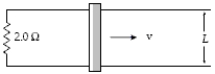 In the arrangement shown, a conducting bar of negligible resistance slides along horizontal, parallel, frictionless conducting rails connected as shown to a 2.0-Ω resistor. A uniform 1.5-T magnetic field is perpendicular to the plane of the paper. If L = 60 cm, at what rate is thermal energy being generated in the resistor at the instant the speed of the bar is equal to 4.2 m/s?
