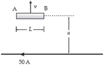 A conducting bar moves as shown near a long wire carrying a constant 50-A current. If a = 4.0 mm, L = 50 cm, and v = 12 m/s, what is the potential difference, V<sub>A</sub> − V<sub>B</sub>?