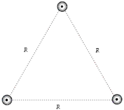 The figure shows a cross section of three parallel wires each carrying a current of 5.0 A out of the paper. If the distance R = 6.0 mm, what is the magnitude of the magnetic force on a 2.0-m length of any one of the wires?