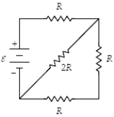 <strong>At what rate is thermal energy being generated in the 2R-resistor when ε = 12 V and R = 3.0 Ω? </strong> A) 12 W B) 24 W C) 6.0 W D) 3.0 W E) 1.5 W