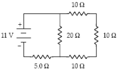 <strong>What is the magnitude of the potential difference across the 20-Ω resistor? </strong> A) 3.2 V B) 7.8 V C) 11 V D) 5.0 V E) 8.6 V