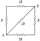 <strong>What is the equivalent resistance between points A and B in the figure when R = 10 Ω? </strong> A) 20 Ω B) 10 Ω C) 25 Ω D) 15 Ω E) 3.2 Ω