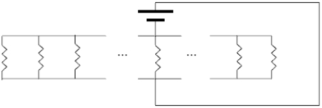 <strong>A circuit consists of N resistors, all of resistance R, connected as shown below. A potential difference V is applied to the circuit. The equivalent resistance of the circuit is </strong> A) . B) . C) R. D) NR. E) 2NR.