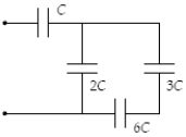 <strong>Determine the equivalent capacitance of the combination shown when C = 45 μF. </strong> A) 28 μF B) 36 μF C) 52 μF D) 44 μF E) 23 μF