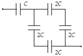 <strong>Determine the equivalent capacitance of the combination shown when C = 24 μF. </strong> A) 20 μF B) 36 μF C) 16 μF D) 45 μF E) 27 μF