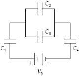 <strong>Determine the energy stored by C<sub>4</sub> when C<sub>1</sub> = 20 μF, C<sub>2</sub> = 10 μF, C<sub>3</sub> = 14 μF, C<sub>4</sub> = 30 μF, and V<sub>0</sub> = 45 V. </strong> A) 3.8 mJ B) 2.7 mJ C) 3.2 mJ D) 2.2 mJ E) 8.1 mJ