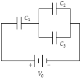 <strong>Determine the charge stored by C<sub>1</sub> when C<sub>1</sub> = 20 μF, C<sub>2</sub> = 10 μF, C<sub>3</sub> = 30 μF, and V<sub>0</sub> = 18 V. </strong> A) 0.37 mC B) 0.24 mC C) 0.32 mC D) 0.40 mC E) 0.50 mC