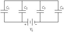 <strong>What is the total energy stored by C<sub>3</sub> when C<sub>1</sub> = 50 μF, C<sub>2</sub> = 30 μF, C<sub>3</sub> = 36 μF, C<sub>4</sub> = 12 μF, and V<sub>0</sub> = 30 V? </strong> A) 6.3 mJ B) 25 mJ C) 57 mJ D) 1.6 mJ E) 14 mJ