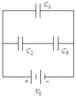 <strong>What is the potential difference across C<sub>2</sub> when C<sub>1</sub> = 5.0 μF, C<sub>2</sub> = 15 μF, C<sub>3</sub> = 30 μF, and V<sub>0</sub> = 24 V? </strong> A) 21 V B) 19 V C) 16 V D) 24 V E) 8.0 V