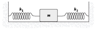 <strong>The mass in the figure slides on a frictionless surface. If m = 2 kg, k<sub>1</sub> = 800 N/m and k<sub>2</sub> = 500 N/m, the frequency of oscillation (in Hz) is approximately </strong> A) 6 B) 2 C) 4 D) 8 E) 10