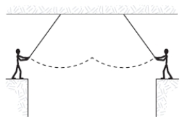 <strong>Two circus clowns (each having a mass of 50 kg) swing on two flying trapezes (negligible mass, length 25 m) shown in the figure. At the peak of the swing, one grabs the other, and the two swing back to one platform. The time for the forward and return motion is </strong> A) 10 s B) 50 s C) 15 s D) 20 s E) 25 s